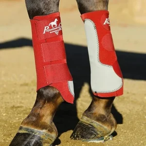 Canillera Americana Easy-Fit roja colocada en caballo – Protección equina profesional