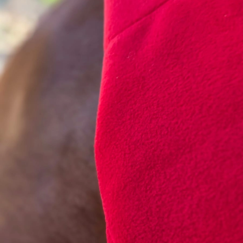 Detalle de tela polar interior de carpa impermeable roja para caballo