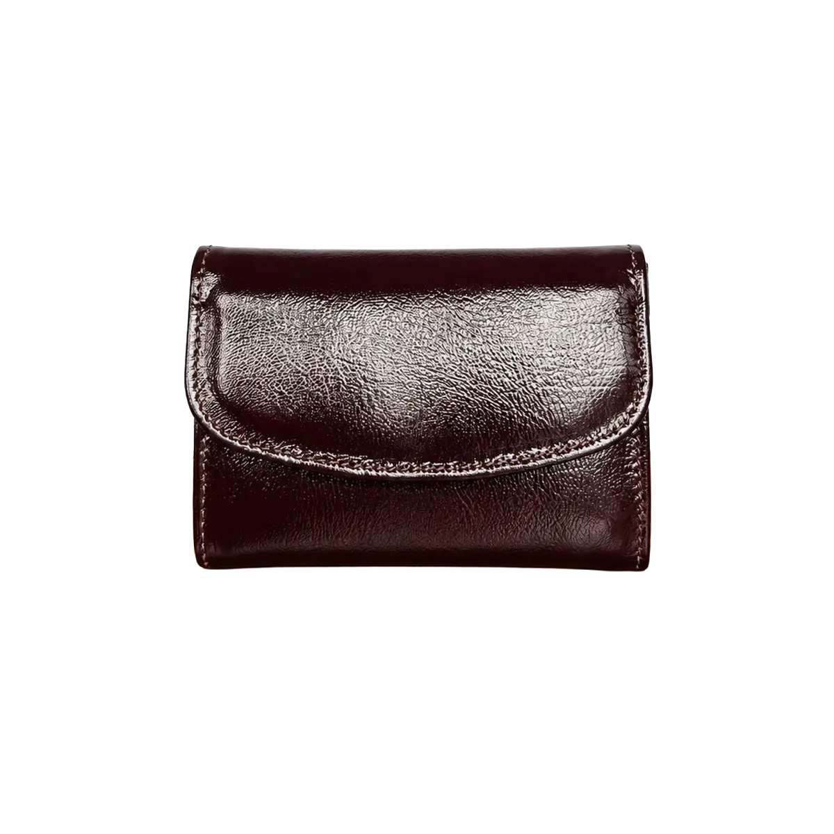 Billetera de cuero burdeo para mujer con acabado brillante y diseño elegante