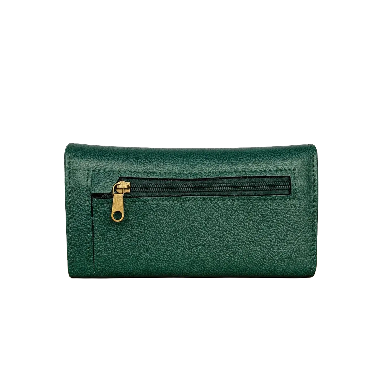 Parte trasera de billetera de cuero verde con cierre exterior