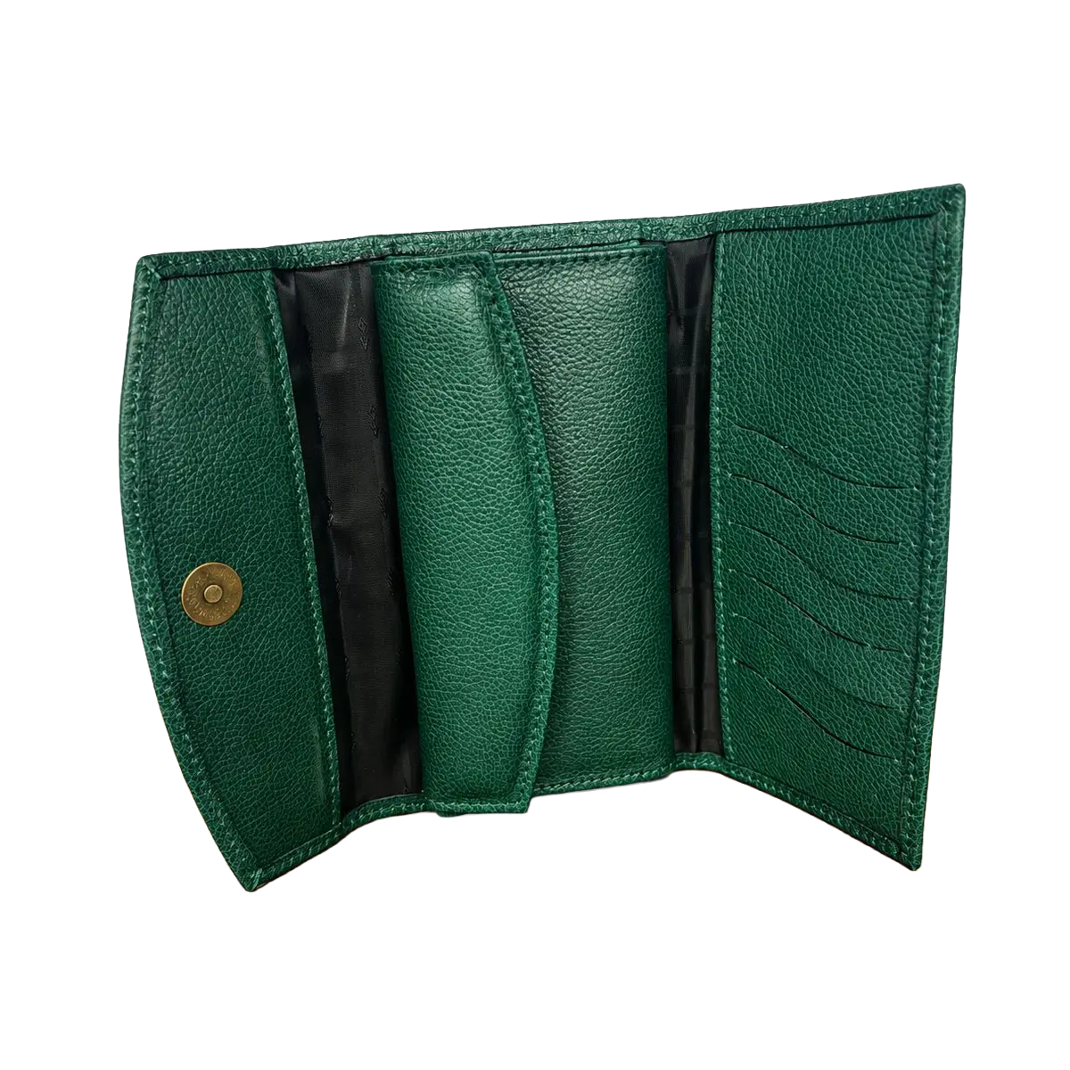 Billetera de cuero verde abierta con diseño interior funcional