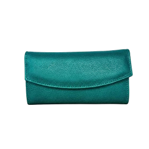 Parte trasera de billetera de cuero verde para mujer con cierre exterior