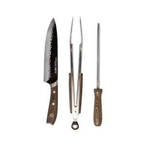 Set parrillero Wayu con cuchillo pinza y espátula en estuche cuero PU