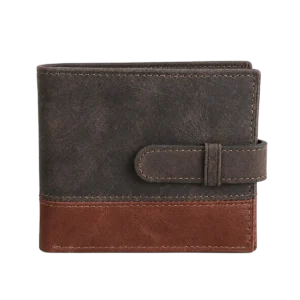 Billetera de cuero engrasado con broche y diseño artesanal bicolor