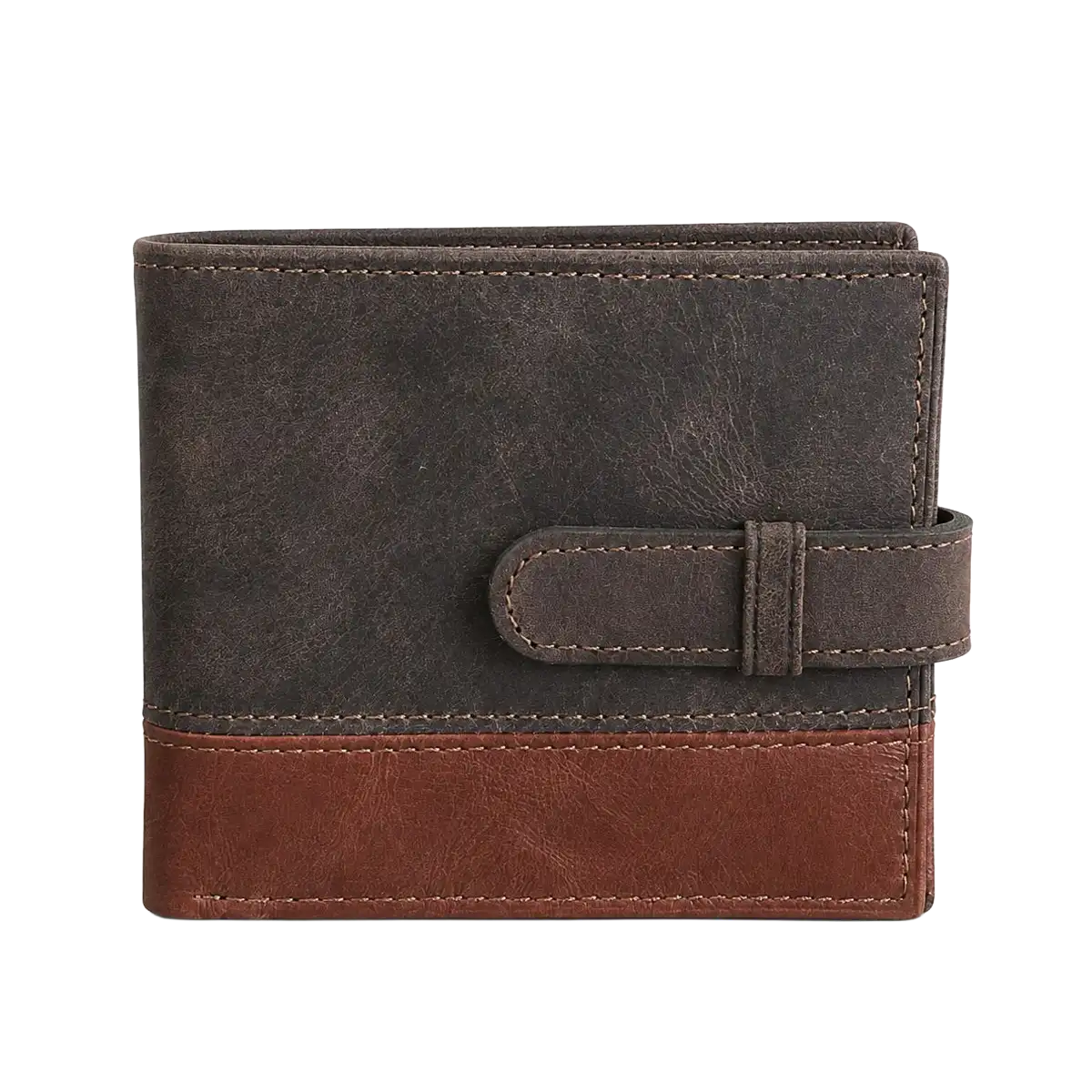 Billetera de cuero engrasado con broche y diseño artesanal bicolor