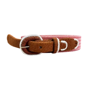 Cinturón de carpincho con tela tejida artesanal roja y blanca