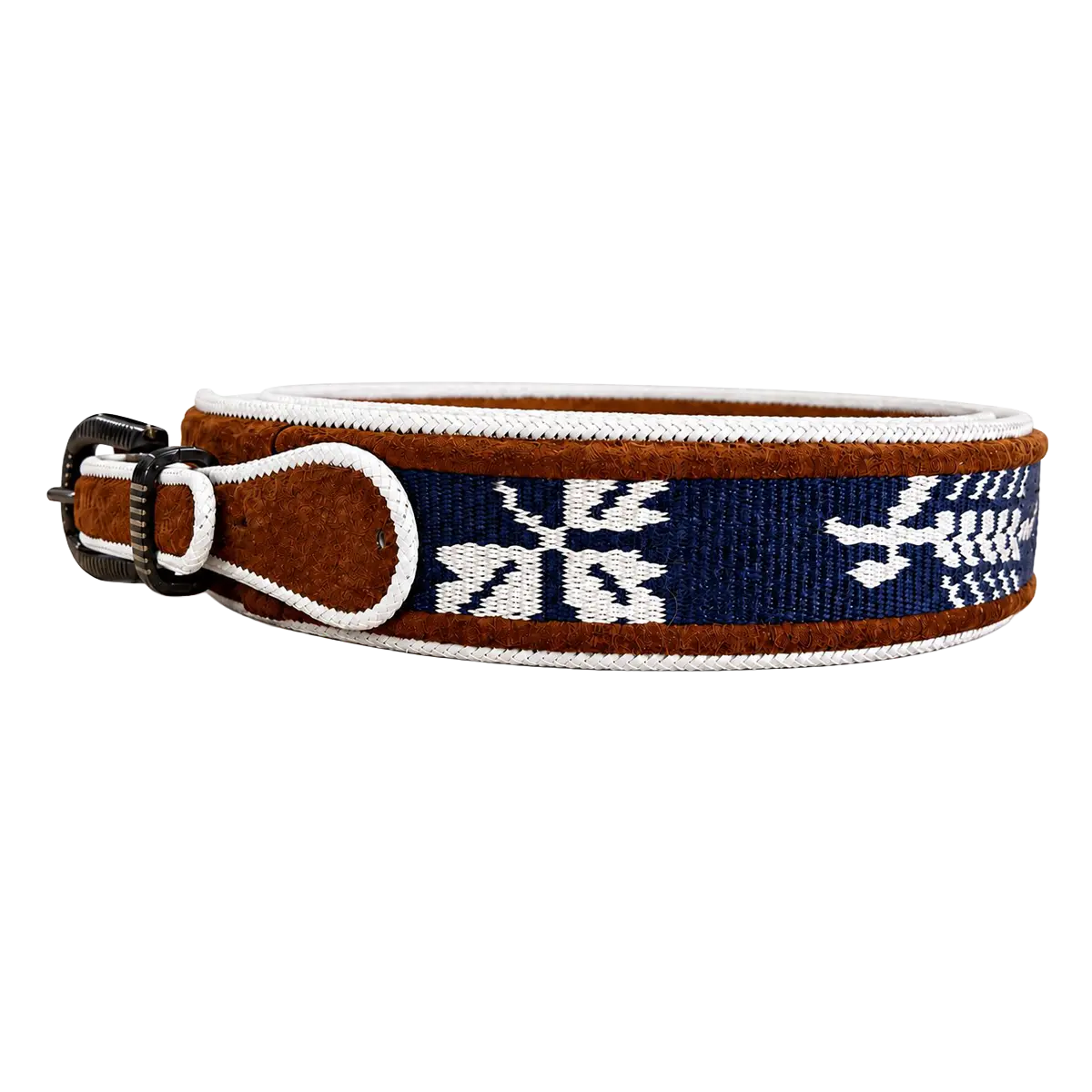 Cinturón fino de chamanto azul marino con costura cuyana y hebilla chapeada artesanal
