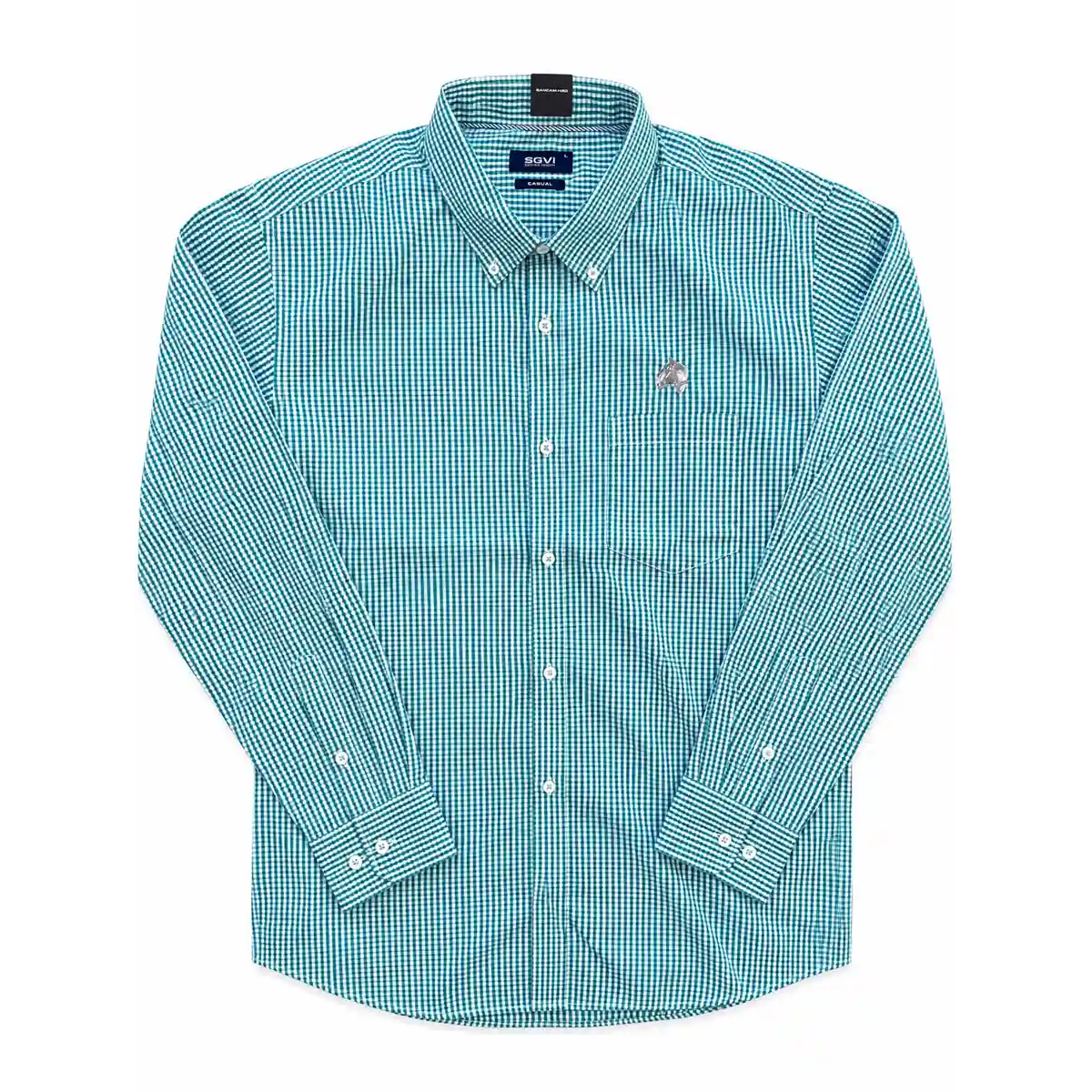 Camisa SGVI de microcuadros verde esmeralda y blanco con manga larga y bordado de caballo